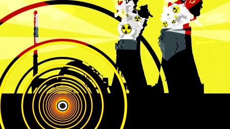Collage: Konzentrische Kreise mit Zentrum unter der Silhouette eines Atomkraftwerks visualisieren ein Erdbeben, das die Kühltürme zum Einsturz bringt; diese entlassen hellgelbe Strahlen, Radioaktivitätszeichen und Dampf in den gelben Himmel.