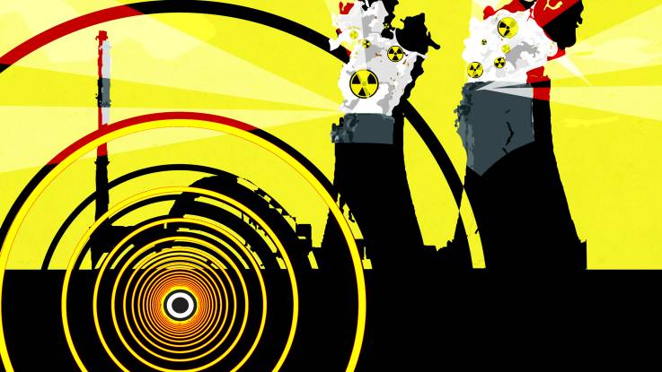 Collage: Konzentrische Kreise mit Zentrum unter der Silhouette eines Atomkraftwerks visualisieren ein Erdbeben, das die Kühltürme zum Einsturz bringt; diese entlassen hellgelbe Strahlen, Radioaktivitätszeichen und Dampf in den gelben Himmel.