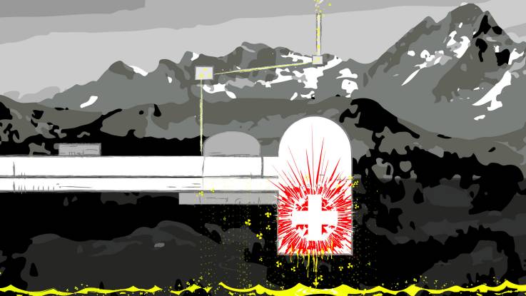 Grafik: Im oberen Bereich des in Grautönen gehaltenen Bildes ist eine Bergkette dargestellt, darin und darunter weiße und graue, stark schematisierte Gebäude. Im unteren Bereich ist flächenhaft ein in das Gestein eingelassener Atommeiler abgebildet, in dem ein Schweizerkreuz explodiert. Dem Meiler entströmen gelbe Radioaktivzeichen in Richtung unterer Bildrand, längs dessen eine gelbe Wasserfläche dargestellt ist. 