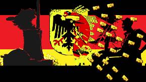 Collage: Vor den Farben der deutschen Flagge der Umriss eines Atomkraftwerks; in der Bildmitte schwebt ein Wappen mit dem Bundesadler, das von auseinanderstrebenden, fliegenden Fässern mit Radioaktivzeichen durchsiebt wird.