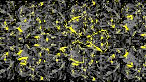 Grafik: Auf schwarzem Hintergrund tummeln sich unzählige stäbchenförmige Bakterien in verschiedenen Grautönen, deren Oberflächen teils mit grellem Gelb akzentuiert sind; dazwischen erscheinen viele kleine und kleinste gelbe Radioaktivzeichen.