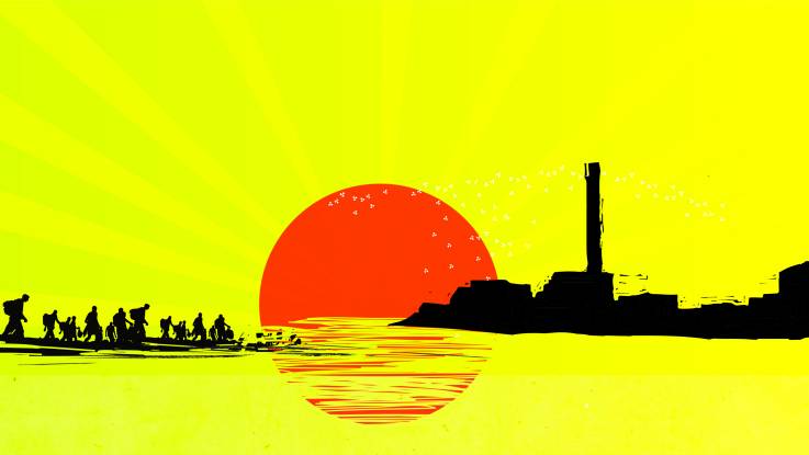 Collage: Vor grellgelbem Himmel, der von grünen Strahlen durchzogen ist, versinkt eine riesige rote Sonne, vor der kleine weiße Radioaktivzeichen stehen, im Meer. Während rechts schwarze Silhouetten eine Industrielandschaft andeuten, strebt von links vorne eine Reihe von Menschen auf den Horizont zu und scheint dabei im Meer zu versinken.