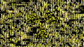 Grafik: Der ganze schwarze Bildgrund ist übersät von unzähligen gelben Menschengruppen, die einander an der Hand halten sowie kleinen gelben Fässern mit Radioaktivzeichen. In der Bildmitte stehen in einem kleinen Kreis zwei Erwachsene und ein Kind mit roten Atemschutzmasken, sie bilden das Zentrum eines angedeuteten größeren Radioaktivzeichens.