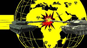 Collage: Auf schwarzem Hintergrund ein gelbes Drahtmodell der Erde, die Kontinente sind flächig mit einigen Radioaktivzeichen dargestellt; vor der Fläche Afrikas produzieren zwei gegenüberstehende Panzer in Rot dargestellte Explosionen.