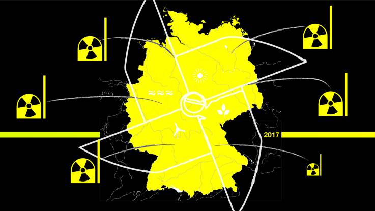 Grafik: Auf schwarzem Grund erscheint in Gelb eine geografische Deutschlandkarte, die nur die Flussläufe zeigt. Davor steht in Weiß die Kontur eines großes vierarmigen Windrades; vor der Karte erscheinen weiße Symbole für die Energiequellen Sonne, Wind, Wasser und Biomasse. Außerhalb der Kartenfläche sind sechs gelbe AKW mit Radioaktivzeichen verteilt, die durch Bewegungslinien den Eindruck vermitteln, sich von der Karte wegzubewegen. Im unteren Bilddrittel verläuft ein unterbrochener gelber Querstreifen, an den die Jahreszahl «2017» anschließt.