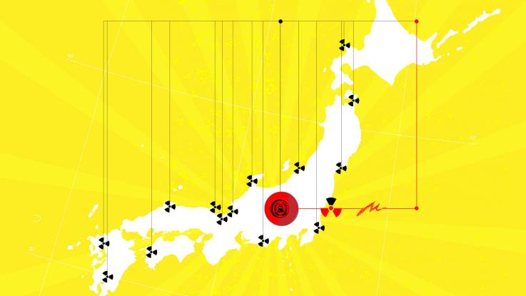 Grafik: Vor gelbem Hintergrund, der von grellgelben Strahlen durchzogen und mit kleinen Radioaktivzeichen bestreut ist, steht in Weiß eine Karte Japans. Die Standorte von 15 AKW sind mit schwarzen Radioaktivzeichen markiert, die durch einen durch schwarze Linien symbolisierten Elektrik-Schaltplan verbunden sind. Zentral steht ein roter Druckknopf, von dem aus eine rote Linie nach rechts den Standort Fukushima durchschneidet, Zacken im Linienverlauf erwecken den Eindruck, dass der Stromkreislauf unterbrochen ist.